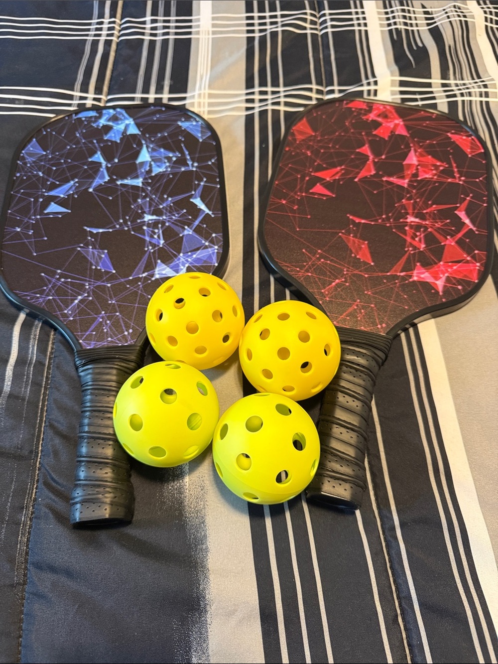 Pickleball Paddles and Balls Set - Blue & Red Paddles with Yellow Balls